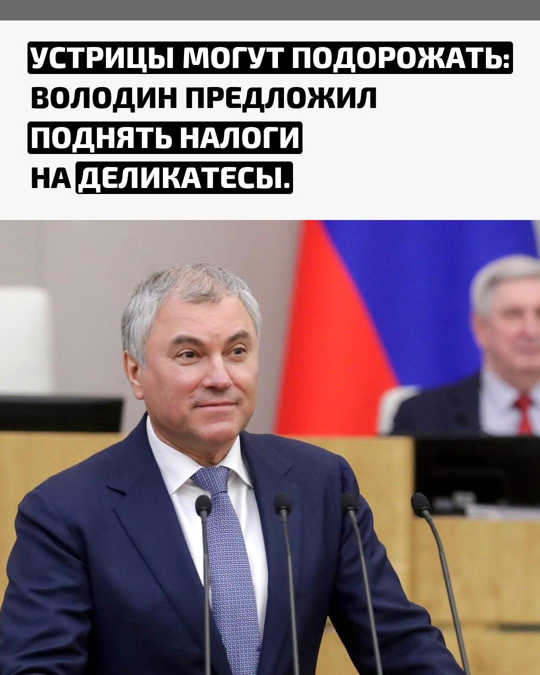 Спикер Госдумы Вячеслав Володин возмутился, что устрицы облагаются налогами так же, как детское питание. Он заявил, что налоги должны отражать реальность потребления.