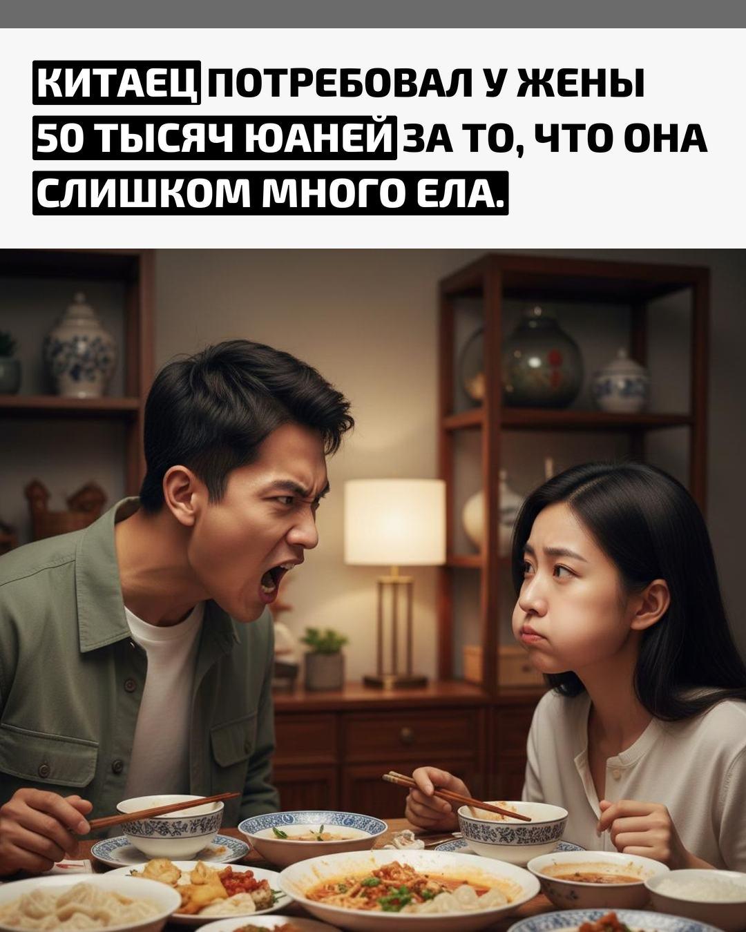 Мужчина из Китая спустя полгода брака подал в суд на супругу. Он заявил, что тратил слишком много денег на её питание и попросил вернуть 20 тысяч юаней, уплаченных в качестве выкупа, плюс ещё 30 тысяч за «лишние расходы на еду».