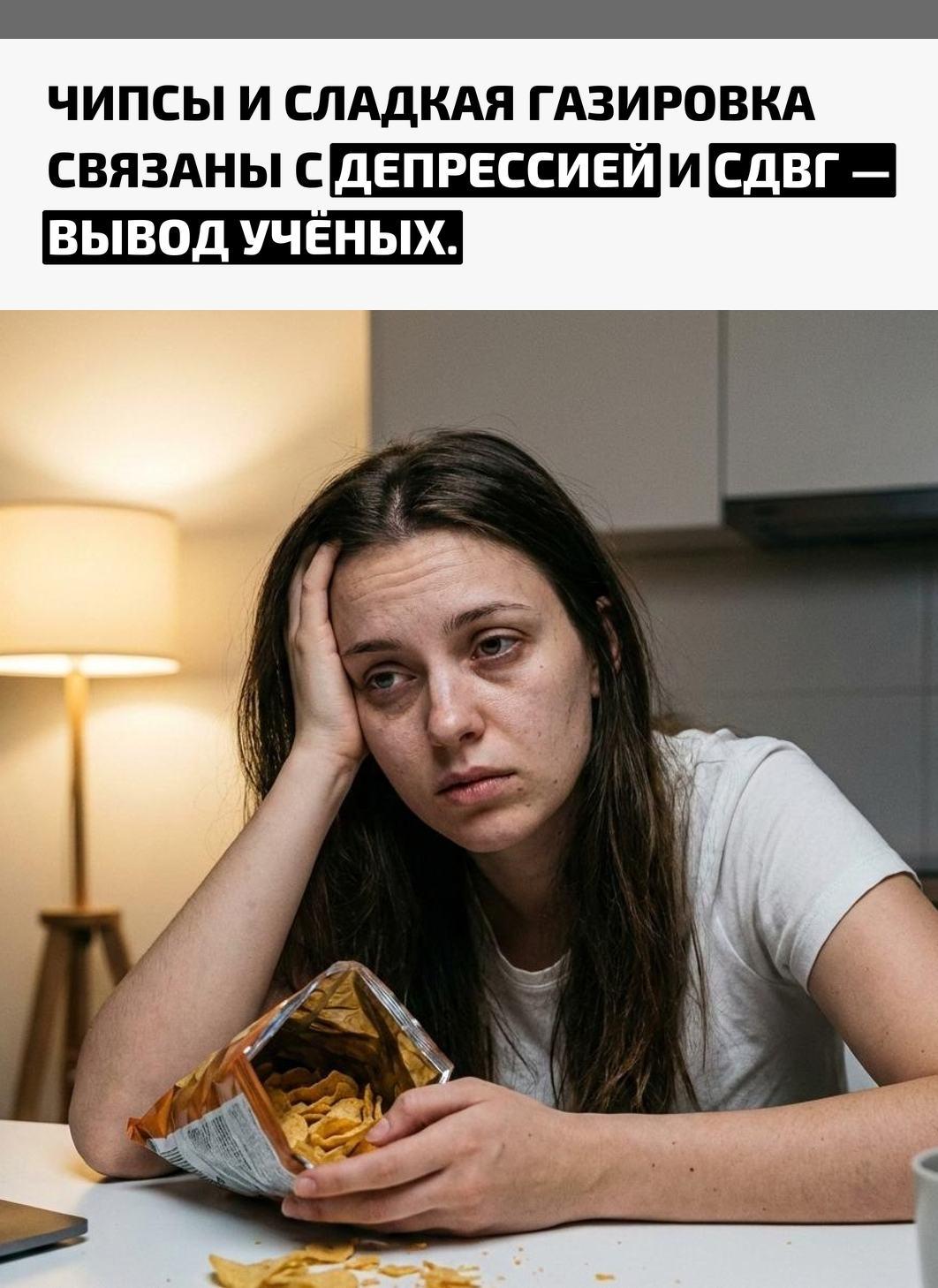 Исследователи пришли к выводу, что у людей, регулярно употребляющих фастфуд, чипсы и сладкие напитки, заметно чаще фиксируются симптомы депрессии, СДВГ и проблемы с самоконтролем.