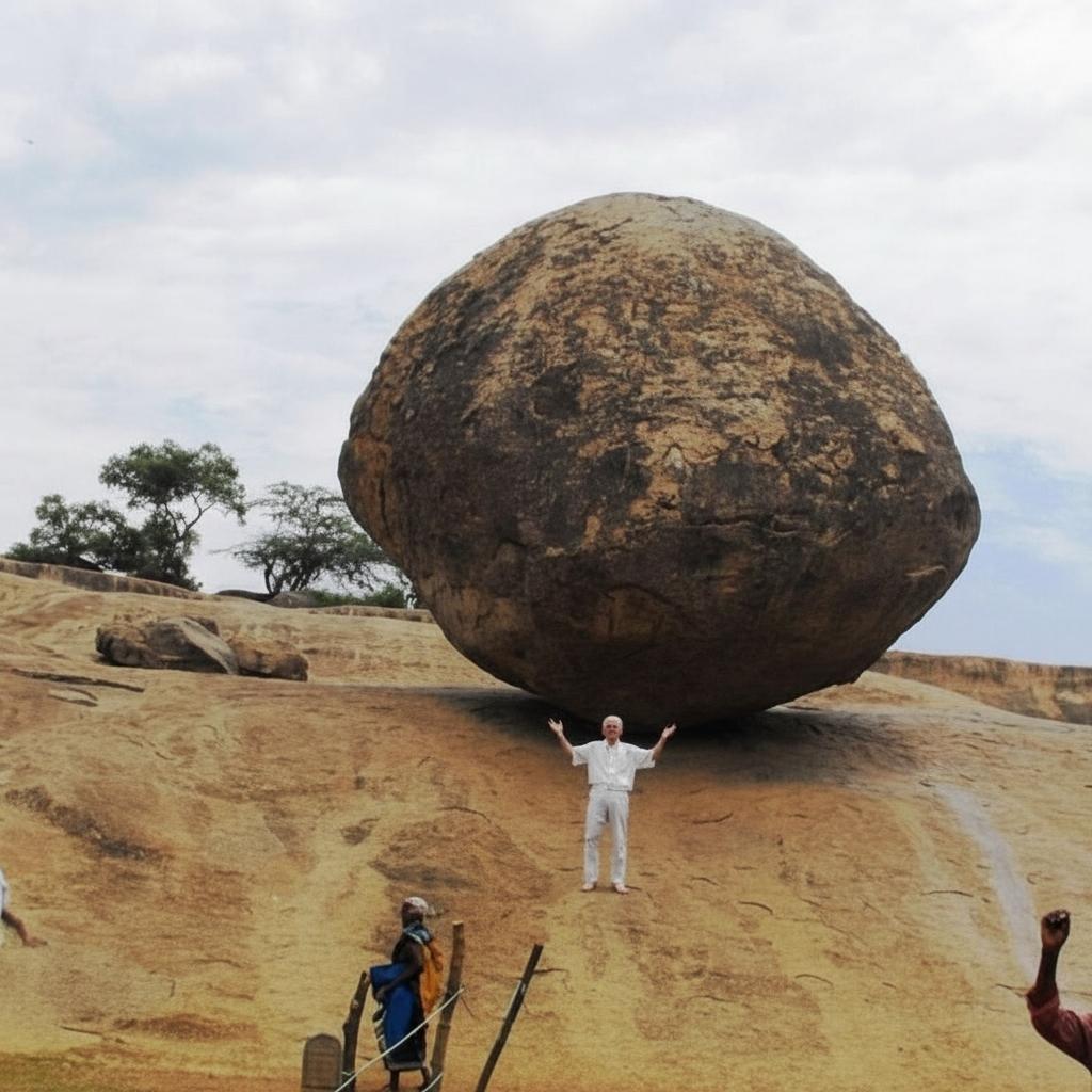 «Масляный шарик Кришны» — это гигантский гранитный валун весом 250 тонн и высотой 6 метров, который завис на склоне холма. Он не скатился вниз. Валун находится в этом положении более 2000 лет.
