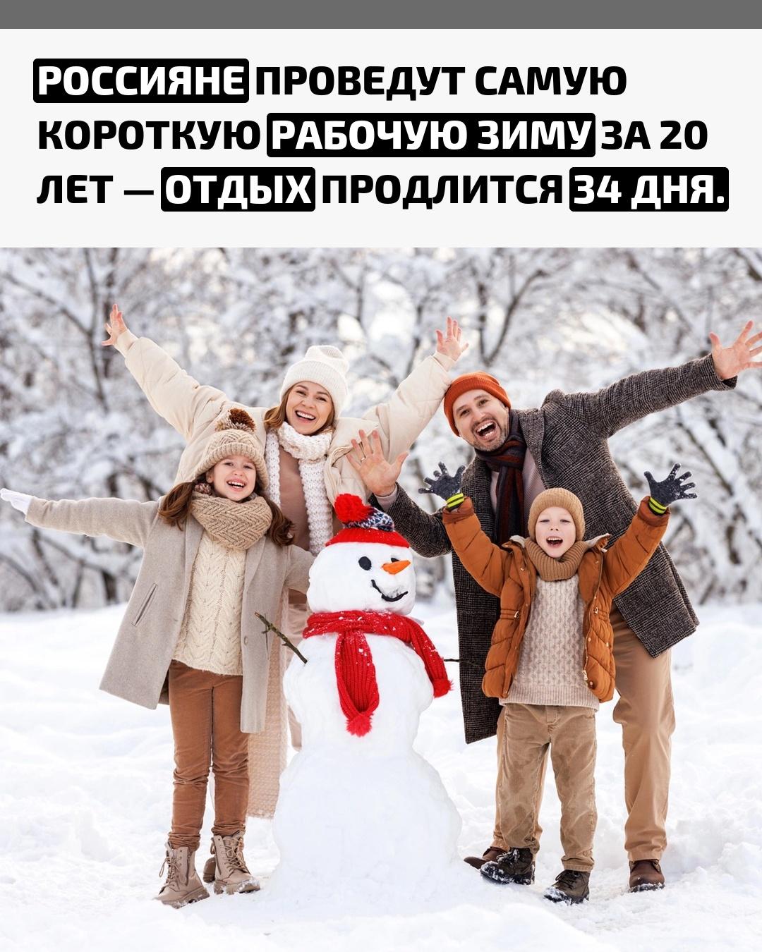 Этой зимой россиян ждёт рекордно длинный зимний отдых: из 90 календарных дней работать придётся лишь 56. Всего будет 34 выходных и праздничных дня — это самый большой показатель за последние два десятилетия.