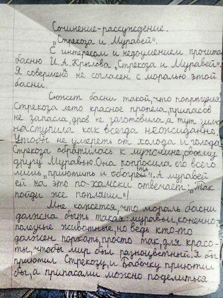 Сочинение, в котором мальчик защищает стрекозу из басни